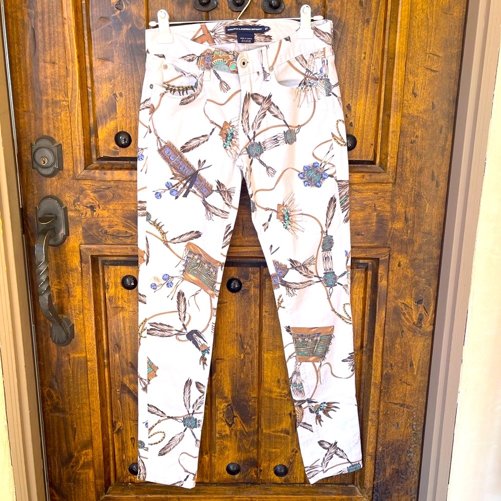 RALPH LAUREN Native American Indian Print White Straight Leg 5 pocket Jeans 27